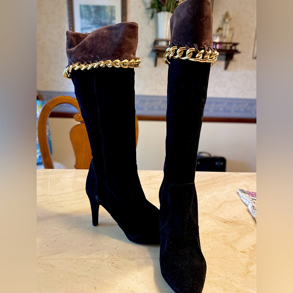Carisma Italian Black Suede Gold Chain Boots + FREE boot stuffers NEVER WORN